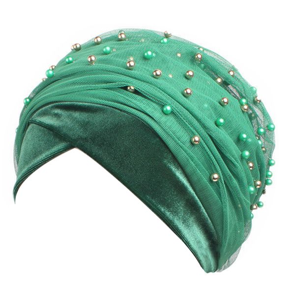 Atacado New Elegante Mulheres Muçulmanas De Veludo Frisado Perolado Turbante Cap Envoltório De Malha Lenço Longo Envoltório Da Cauda Do Chapéu