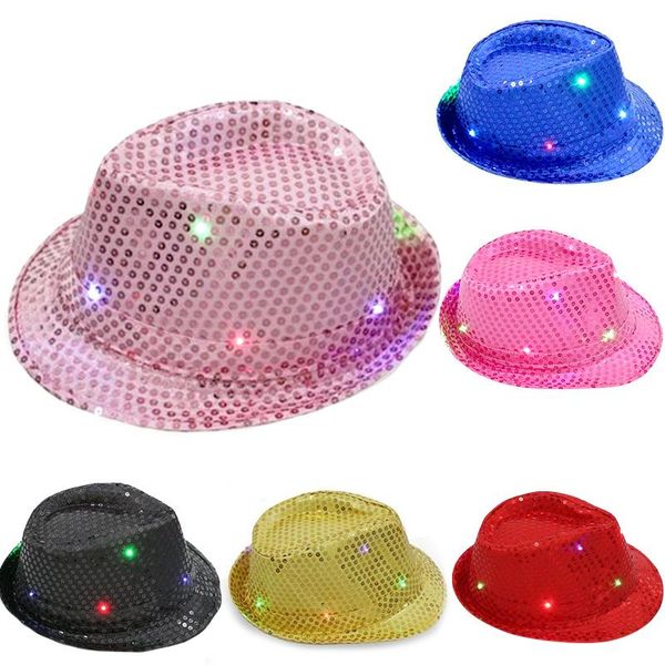 

children glowing led flashing sequins jazz hats fedora hat cap birthday party show dance wedding decoration halloween, White