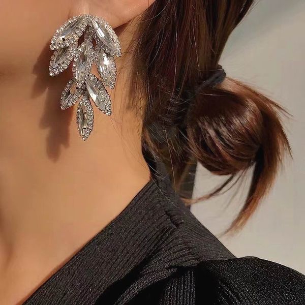 

luxury zircon leaf earrings for women 2019 new shinning rhinestone wedding party jewelry statement earrings wholesale, Silver