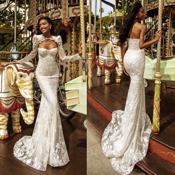 

floral mermaid wedding dresses with deatachable wrap full appliqued lace bridal gown backless sweep train sell robes de mariÃ©e, White