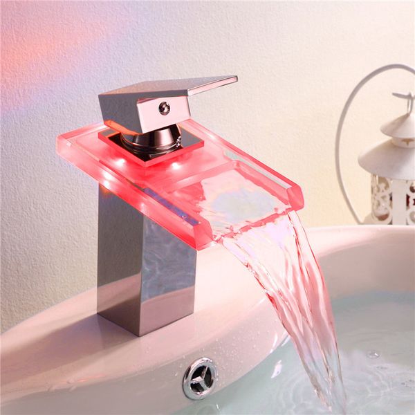 

led glass faucet waterfall mixer tap 1 hole water tap for bathroom basin sink