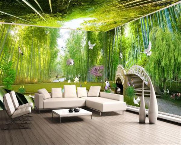 Home Decor 3d Wallpaper Tutta la casa Tema Spazio Murale Fresh Bamboo Forest Bridge Water 3D Wallpaper
