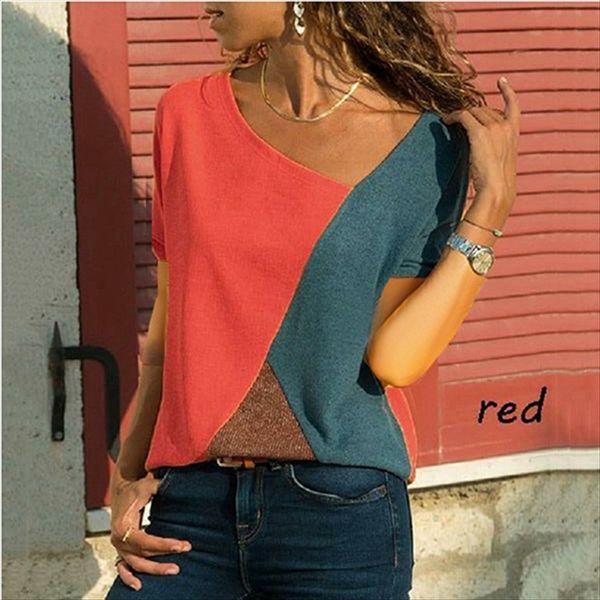 

2019 stitching contrast color round collar short sleeve casual women's 2019 stitching contrast color t-shirt round collar short sleeve, White