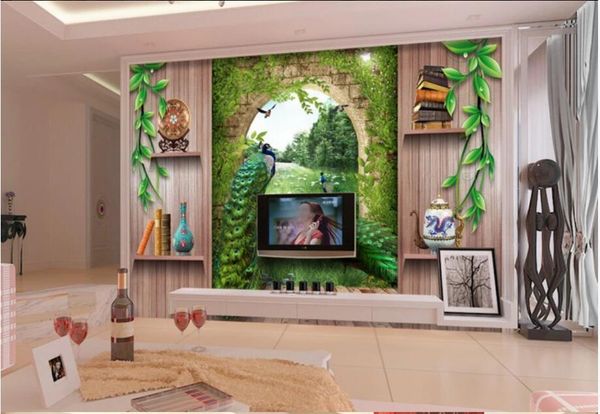 

3d wallpaper custom p mural european style 3d stereo roman column peacock palace wooden board tv home decor wall picture 3d stickers