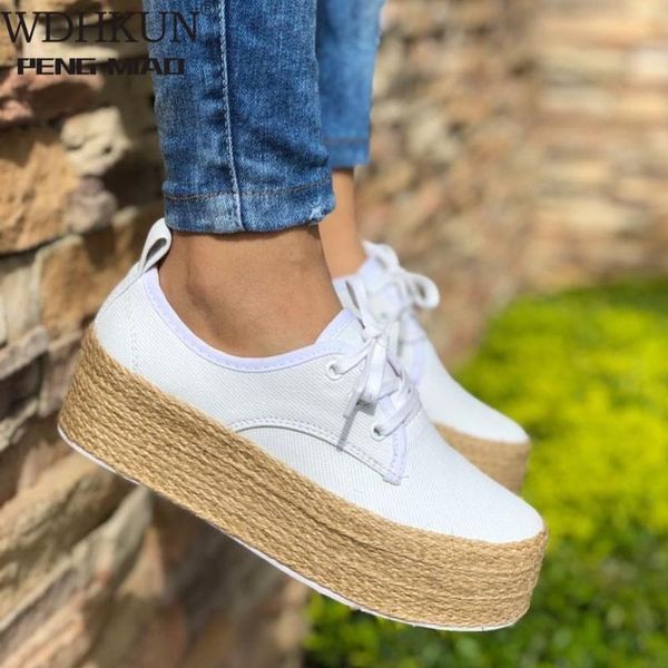 

wdhkun canvas flats 2020 fashion women ladies espadrille shoes thick bottom flats shoes girls lace up round toe casual, Black