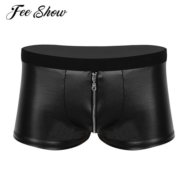 

mens lingerie wet look faux leather panties zipper bulge pouch low rise boxer shorts underwear exotic nightclub underpants, Black;white