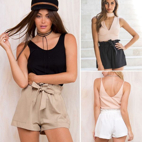 

women pants summer casual shorts beach high waist knee length solid short pants, Black;white