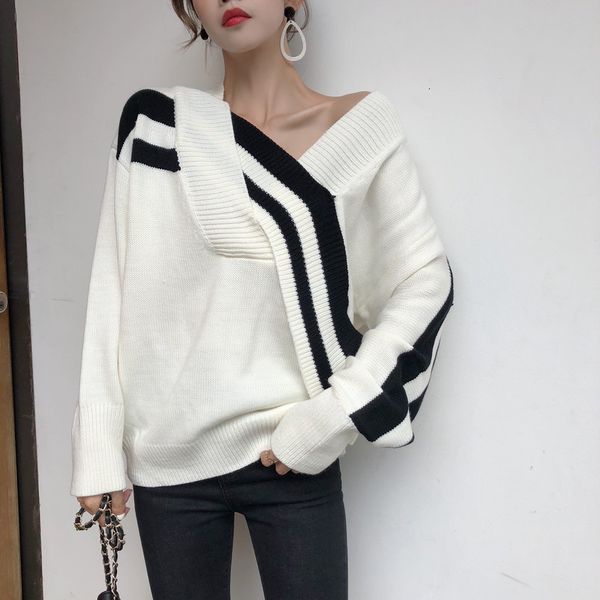 

ewq] 2019 spring autumn new pattern slash neck hit colors knitting pullovers streetwear sweater women fashion tide ah72700, White;black