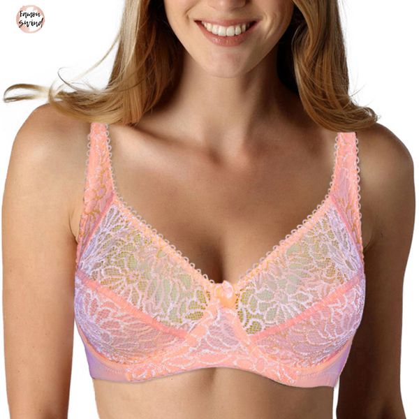 

size plus women bras lace perspective breathable lager bralette underwired embroidery silky touch bh c d dd e f cup, Red;black