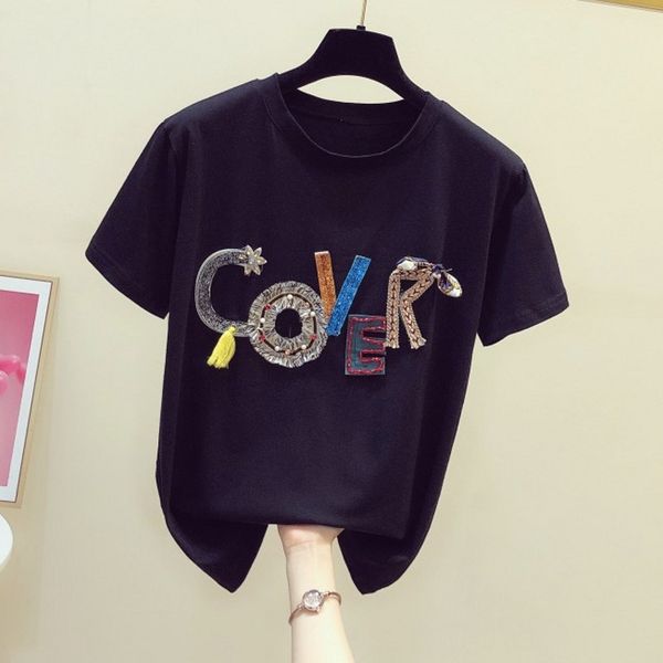 

womens tshirt 2020 summer new three-dimensional letter beaded tassel loose short sleeved round neck white cotton t-shirt tee