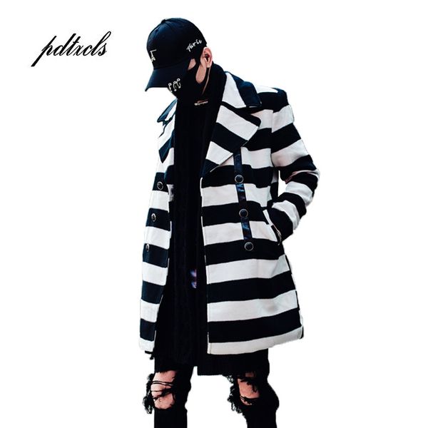 

guo-chao tang 2019 new winter hipster hip-hop black fringes slim thick coat double-breasted streetwear overcoat drop shipping