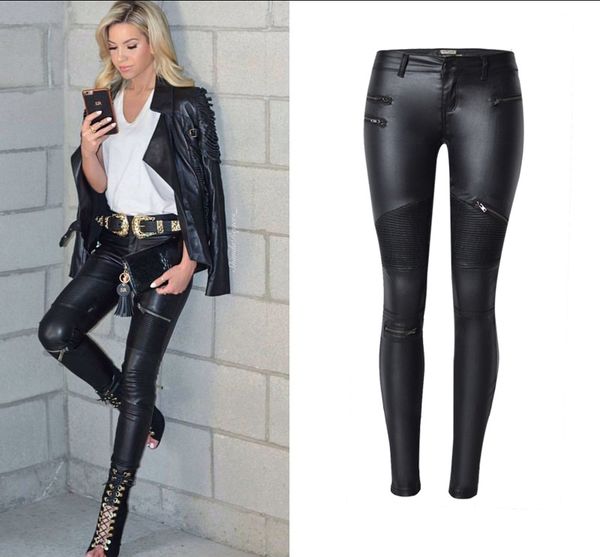 

2016 new women's pu pants low waist elasticity spliced zipper regular motorcycle faux leather pencil pants full length for woman, Black;white
