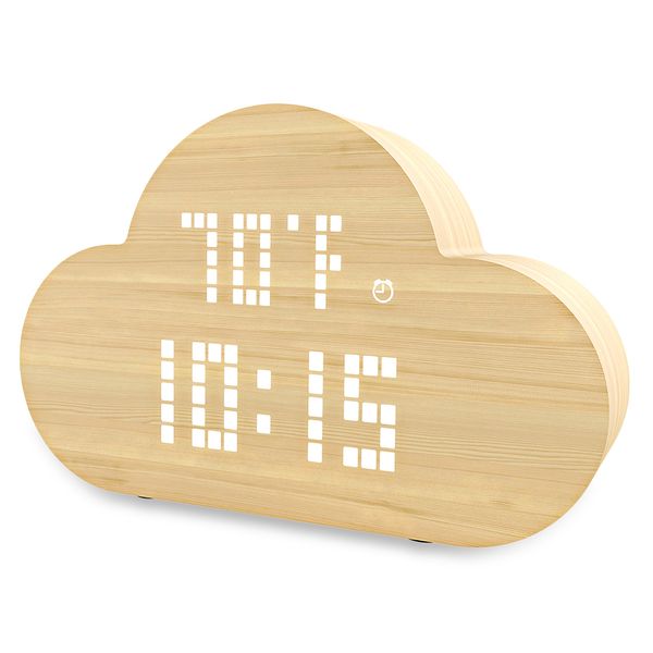 

cloud-shaped led digital alarm clock voice control wooden light clock time temperature humidity display home office