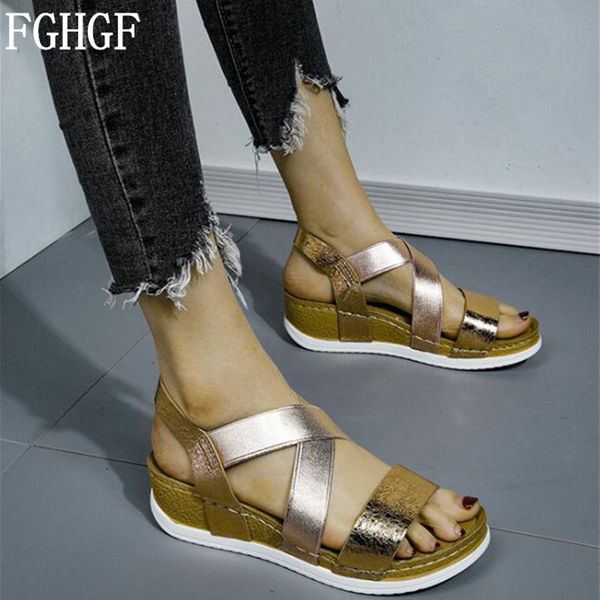 

2020 summer women's sandals pu leather gold bling casual beach shoes ladies comfort light platform wedges sandals large size 108, Black