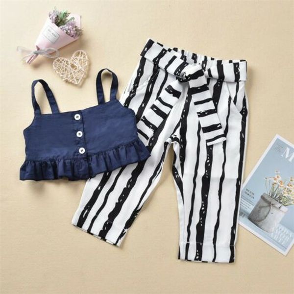 

pudcoco summer toddler baby girl clothes ruffle crop sling striped long pants 2pcs outfits casual summer clothes, White