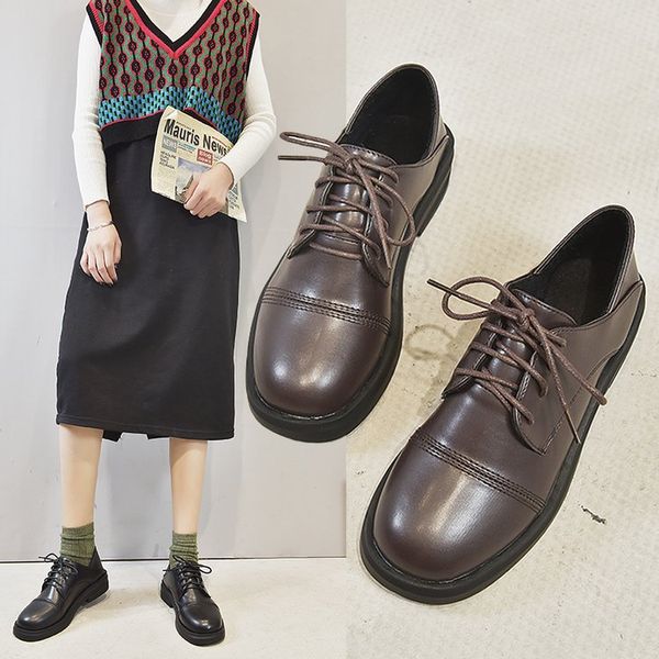 

shoes woman 2019 casual female sneakers british style oxfords women's modis flats round toe new preppy leather cross retro cute, Black