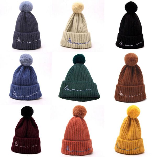 

new casual kid winter warm hats kids children girls boys warm woolen knitted fur ski hat pure color knit beanies, Yellow