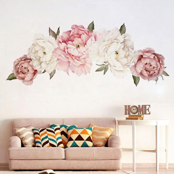 Belle Pivoine Fleurs Sticker Mural Vinyle Auto-adhésif Floral Mur Art Aquarelle Autocollants Salon Chambre Décor À La Maison Stickers Muraux