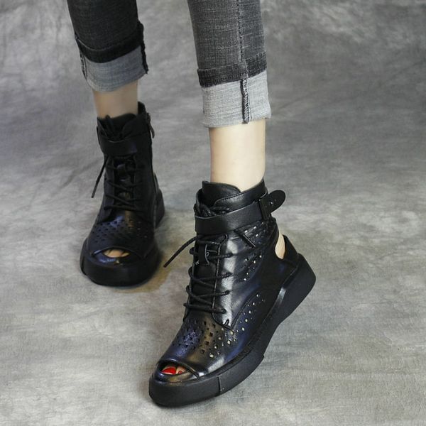 

women white boots sandals leather low heels casual shoes summer women handmade genuine leather motorcycle boots hollow out 2019, Black