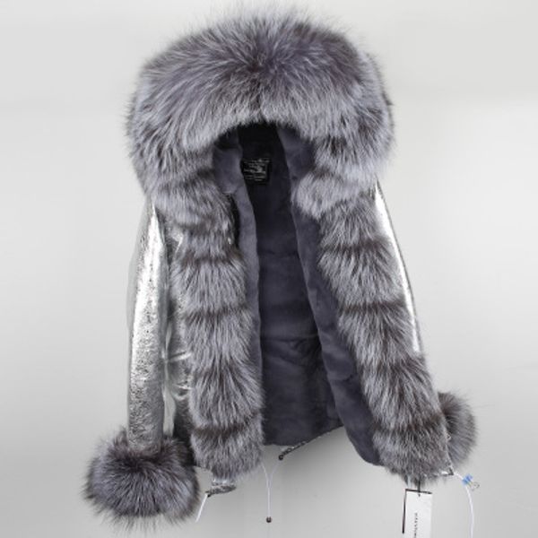 

warm parkas silver fox fur trim maomaokong brand grey rabbit fur lining mini sliver jacket snow women coats germany, Black