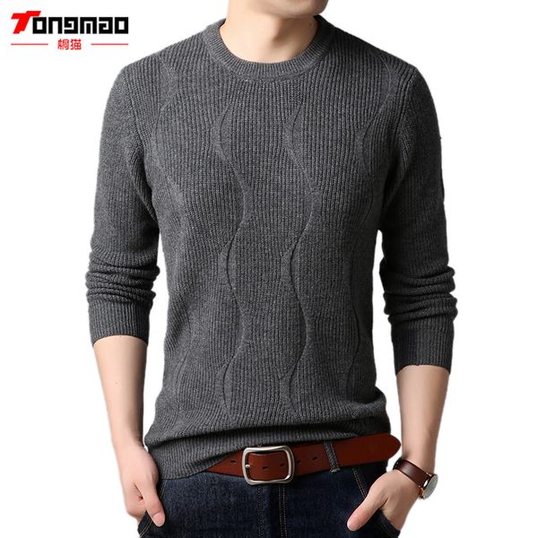 

men's sweaters tongmao autumn winter mens casual long sleeve o-neck solid color pullover 100% wool jumper warm male knitwear 6218, White;black