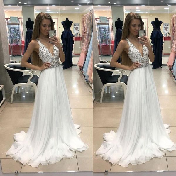 

deep v neck a line prom dress white chiffon sequined bodice evening dresses custom fashion girls formal party gowns, Black