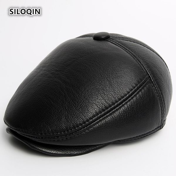 

siloqin quality winter genuine leather hat men thick warm berets first layer sheep skin earmuffs middle-aged elderly cap dad hat, Blue;gray