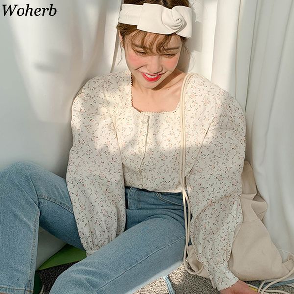 

woherb 2020 spring korean blouse women floral print sweet square collar long puff sleeve shirt women elegant shirts, White