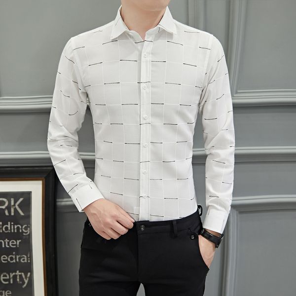 

men business plaid shirt long sleeve oxford chemise homme slim casual new spring black white office dress shirts male, White;black