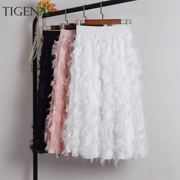 

tigena fashion feather chiffon skirt women 2019 summer korean high waist midi skirt female beautiful knee length cute, Black