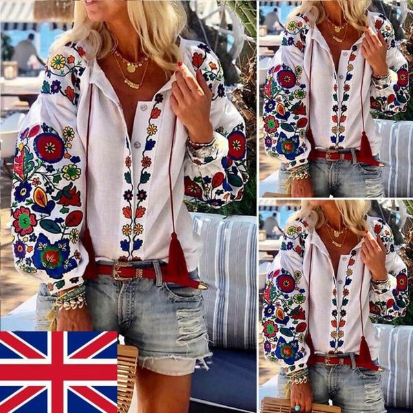 

new fashion floral blouse shirt womens long sleeve shirt flower v-neck casual loose ladies blouse tee, White