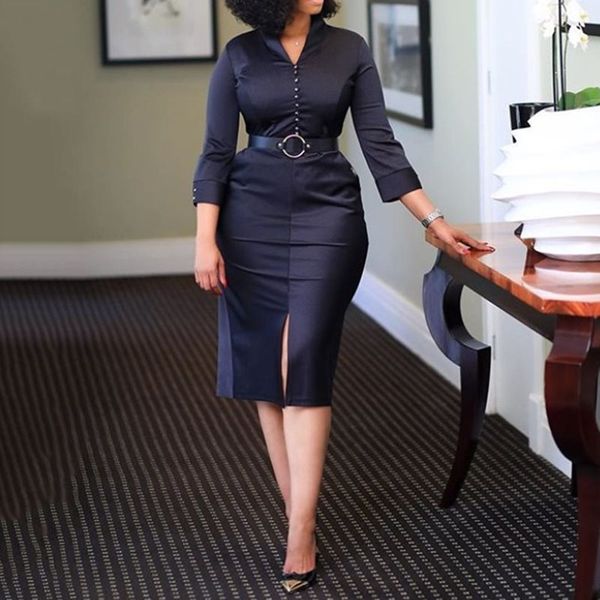 

mid-теленок v-образным вырезом 3/4 рукава пуловер silky bodycon платье черный элегантный офис пр lady summer party empire soliad миди платье, Black;gray