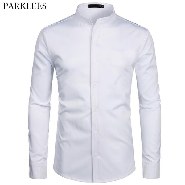 

white stand collar mens dress shirt solid casual slim fit soft men long sleeve band-collar shirts men business work chemise, White;black