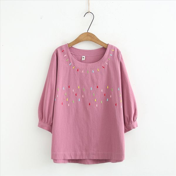 

cotton and linen women's seven-sleeve t-shirt women's round collar embroidery loose foreign style national style fat ethnic grou, White