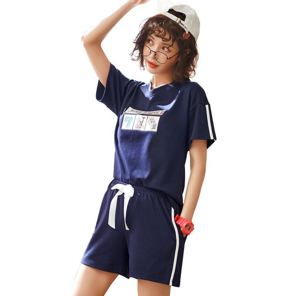 

2019 new summer women pajama sets cotton ladies simple sports breathable leisure comfort home wear suit, Blue;gray