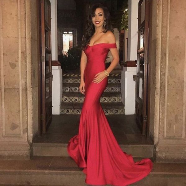 

2019 new red off the shoulder mermaid prom dress sweep train zipper formal evening gown custom, Black