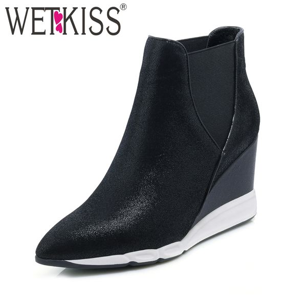 

leather ankle boots sheep skin women shoes wedges boot pointed toe elastic slip on female footwear autumn winter, Black