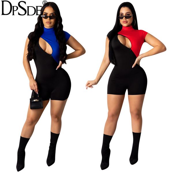 

2020 fashion new fashion club party style jumpsuits long sleeve high collar zipper hollow out jumpsuits short pants, Black;white