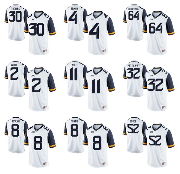 

West Virginia Mountaineers JT Thomas 30 White 2 Joseph 8 McKoy 4 White 11 Simms 8 Glowinski 64 Goode 52 White College Football Jerseys