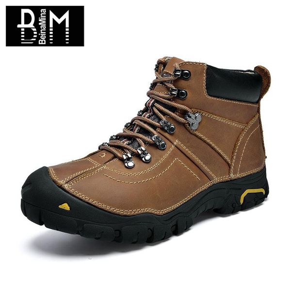 

beinamina men genuine leather ankle boots winter warm plush boots lace up comfortable snow casual men footwear size 38-45, Black