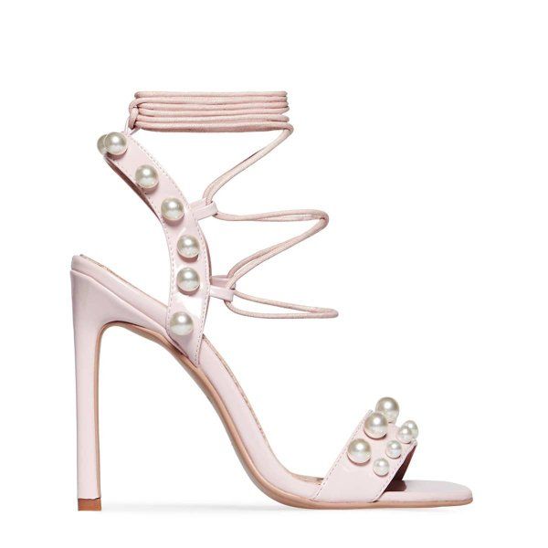 

china lace up pearl detail high heels women in nude patent shoes ladies, Black