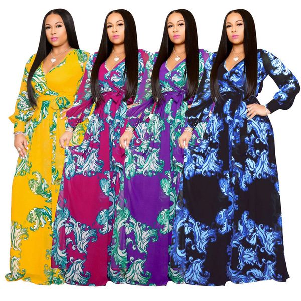 

vintage printed designer women dresses sashes big skirts elegant long sleeved v neck maxi dresses fashion women dresses, White;black