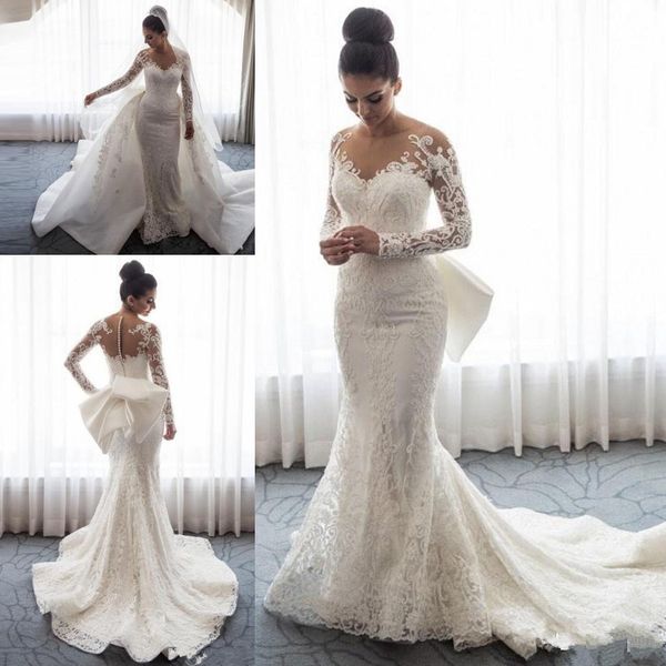 

Luxury Mermaid Wedding Dresses Sheer Neck Long Sleeve Wedding Dress Full Lace Applique Bow Overskirts Button Back Sweep Train Bridal Gowns
