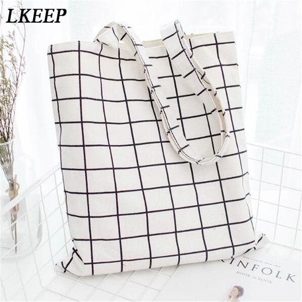 

women student cotton linen shopping bag fashion plaid shoulder tote handbag eco shopping large capacity canvas purse pouch