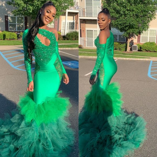 

green mermaid long sleeves prom dresses sequined one shoulder african beaded evening gowns plus size sweep train satin tiered formal dress, Black