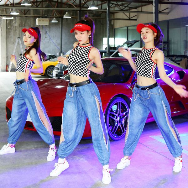 

stage costumes for singers plaid vest split jeans women hip hop clothing street dancewear nightclub festival outfit dt1039, Black;red