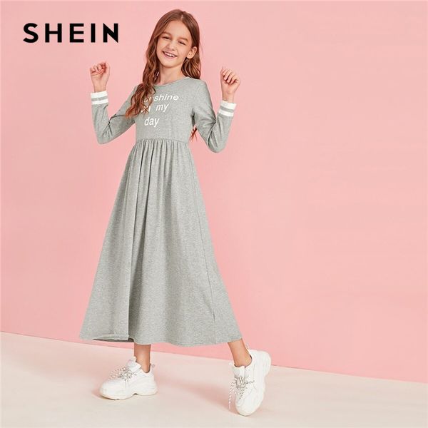 

shein kiddie grey letter print striped cuff flared maxi dress kids 2019 autumn long sleeve high waist a line long dresses, Red;yellow