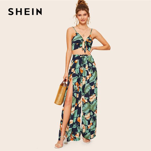 

shein boho knot front cami crop and wrap split wide leg pants 2 piece set women summer tropical print vacation two piece set, White