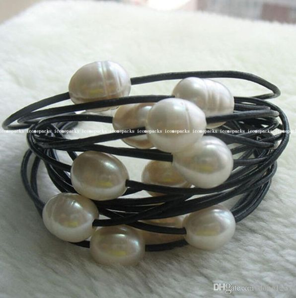 

wholesale unique 15rows 7.5" 10-12-13mm freshwater pearl white egg bracelet, Black
