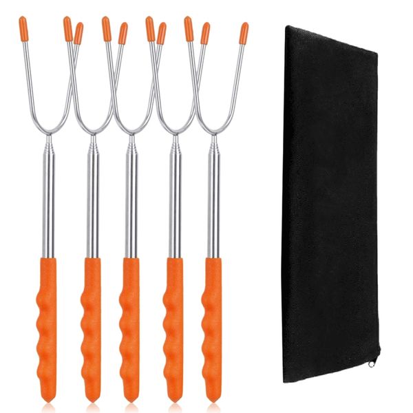 

10 pack marshmallow roasting sticks,stainless telescoping dog skewers kids safe barbecue forks for campfire, bonfire and